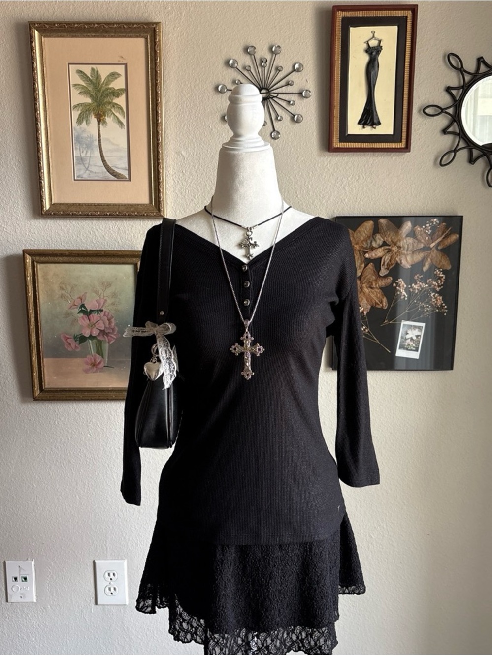 GUESS Black V-Neck Lace-Hem Tunic Top